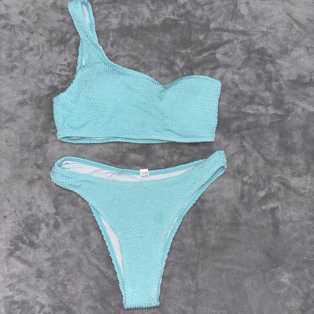 Women Smocked One-Shoulder Swimsuit Bikini Set Two-Piece Small Aqua Blue Stretch